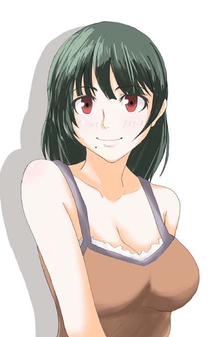 willwind30, otonashi kotori, idolmaster, idolmaster (classic), idolmaster 1, 00s, 1girl, breasts, cleavage, female focus, green hair, large breasts, mole, mole under mouth, red eyes, solo, tank top, upper body
