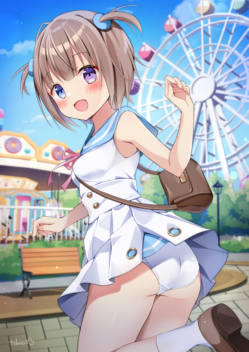 tobio illust, original, commentary, commission, highres, skeb commission, 1girl, :d, ass, bag, bare arms, bare shoulders, blue eyes, blush, brown hair, brown shoes, cowboy shot, day, dress, ferris wheel, hand up, heterochromia, neck ribbon, open mouth, outdoors, panties, pleated dress, purple eyes, ribbon, sailor collar, sailor dress, shoes, short hair, shoulder bag, signature, smile, socks, solo, two side up, underwear, white dress, white panties, white sailor collar, white socks