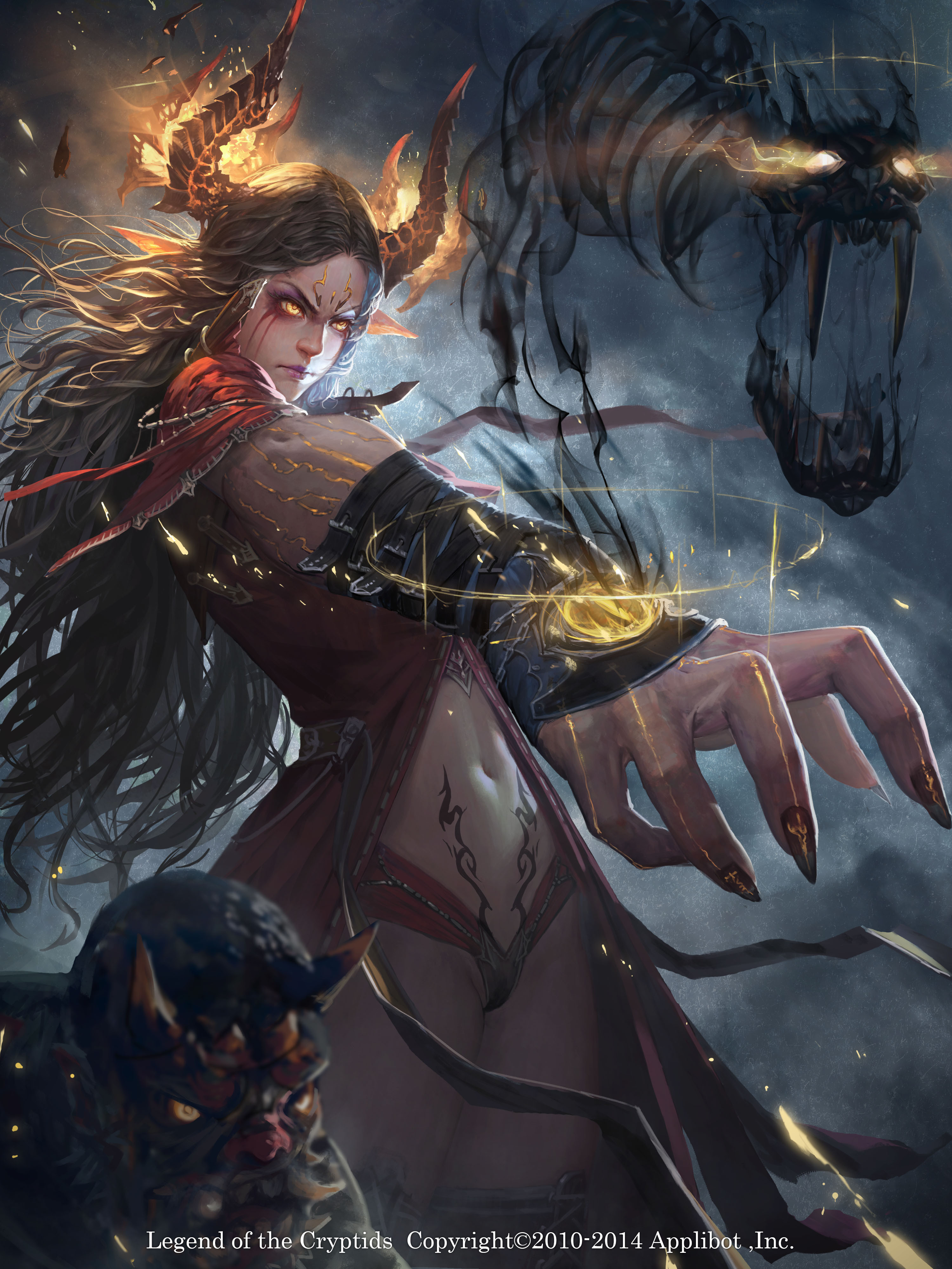 rui li, legend of the cryptids, absurdres, highres, 1girl, arm tattoo, black hair, brown hair, demon, demon girl, demon horns, dress, facial tattoo, grey background, horns, long hair, looking to the side, magic, pubic tattoo, red dress, tattoo, yellow eyes