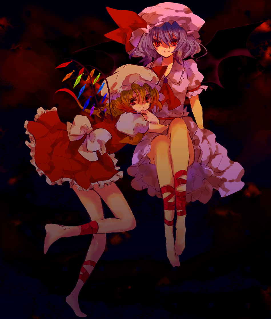 yukirar, flandre scarlet, remilia scarlet, touhou, bad id, bad pixiv id, 2girls, blonde hair, blue hair, female focus, full body, gradient background, hat, mob cap, multiple girls, ribbon, short hair, siblings, sisters, wings