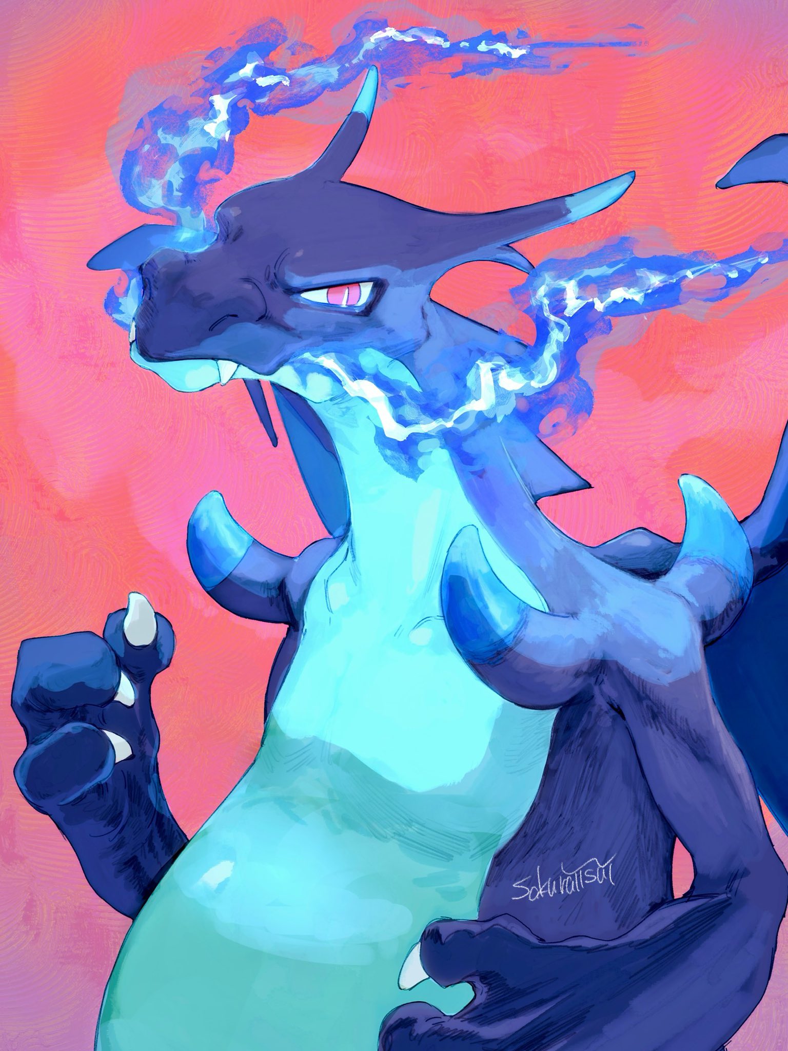 sakuraiisui, charizard, mega charizard x, nintendo, pokemon, highres, blue fire, breath weapon, breathing fire, claws, closed mouth, dragon, fangs, fire, gen 1 pokemon, looking at viewer, mega pokemon, no humans, pokemon (creature), pokemon focus, red eyes, simple background, solo, wings