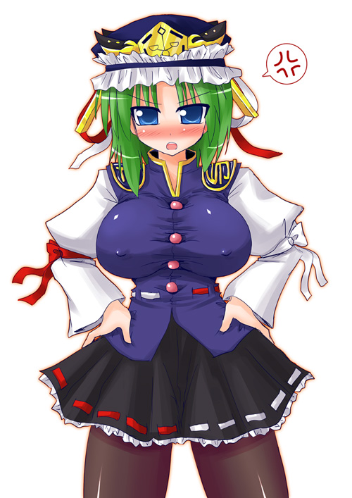 arayama reiichi, shiki eiki, touhou, 1girl, anger vein, blue eyes, blush, breasts, covered erect nipples, female focus, green hair, hands on own hips, hat, huge breasts, pantyhose, ribbon, short hair, skirt, solo, spoken anger vein