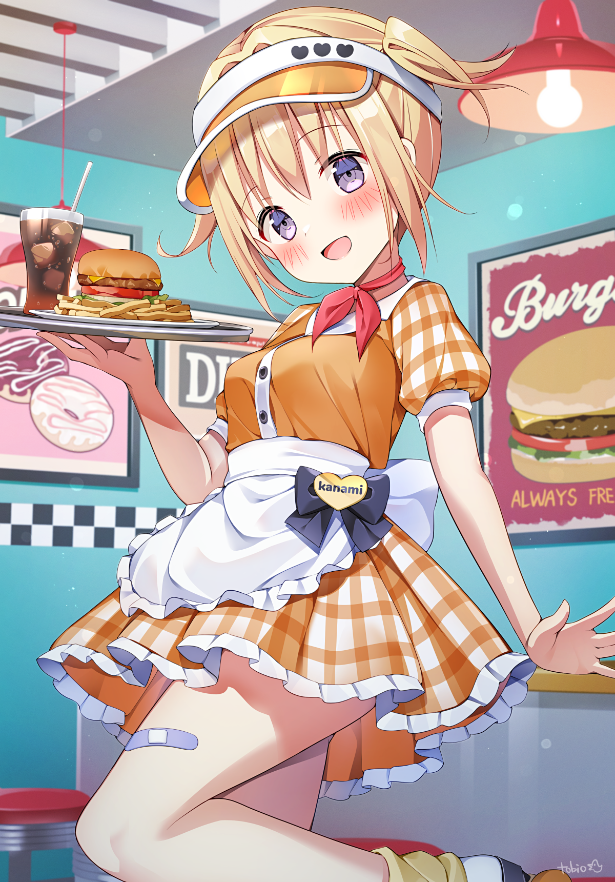 tobio illust, original, commentary request, highres, 1girl, :d, apron, bandaid, bandaid on leg, blonde hair, blush, burger, cola, cup, dress, drinking glass, drinking straw, feet out of frame, food, french fries, frilled apron, frilled dress, frills, hat, holding, holding tray, ice, ice cube, looking at viewer, neckerchief, open mouth, orange dress, plaid clothes, plaid dress, plate, purple eyes, red neckerchief, short hair, short sleeves, signature, smile, solo, standing, standing on one leg, tray, visor cap, waist apron, waitress, white apron, yellow hat