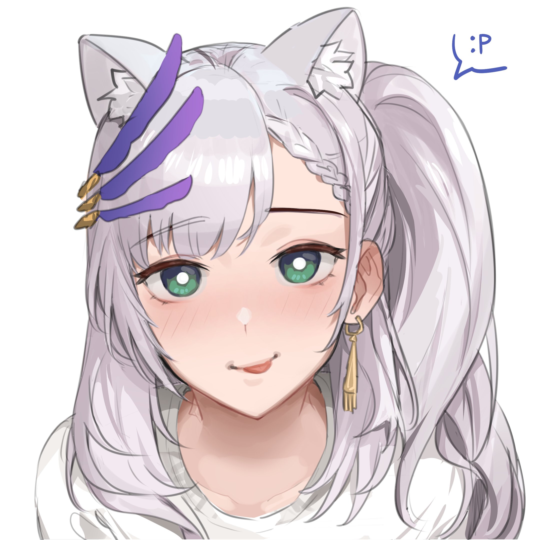 tanukidraws, pavolia reine, hololive, hololive indonesia, highres, 1girl, :p, animal ear fluff, animal ears, blush, braid, breasts, cat ears, earrings, feather hair ornament, feathers, grey hair, hair ornament, jewelry, long hair, looking at viewer, smile, solo, tongue, tongue out, virtual youtuber