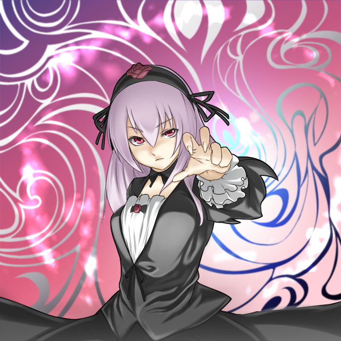 houtengeki, suigintou, rozen maiden, 00s, 1girl, female focus, fingernails, flower, frills, gathers, hairband, hou takashi ji, long hair, looking at viewer, outstretched arm, purple eyes, purple hair, reaching, red eyes, solo
