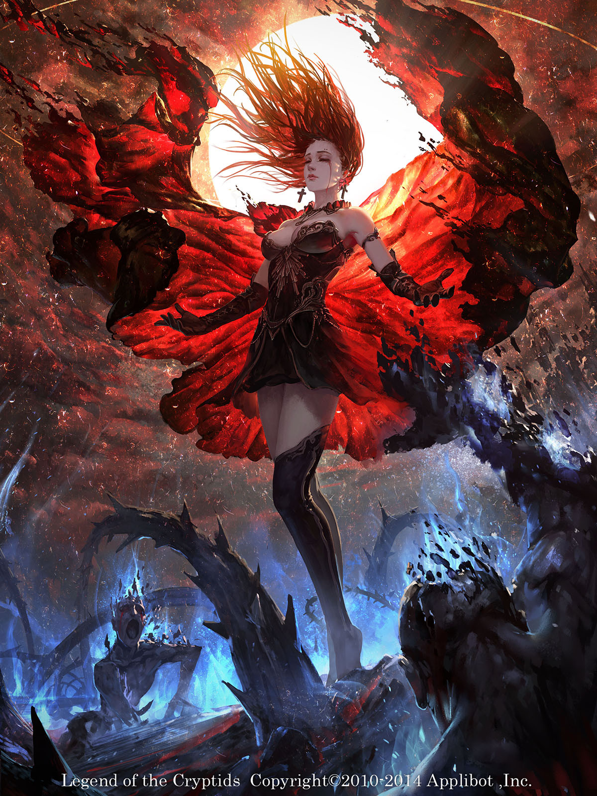 rui li, legend of the cryptids, highres, 1girl, black dress, blood, bloody tears, breasts, cape, cleavage, cross, cross earrings, dress, earrings, elbow gloves, eyebrow piercing, face piercing, gloves, jewelry, leather, leather gloves, magic, piercing, red cape, red hair, short dress, strapless, strapless dress