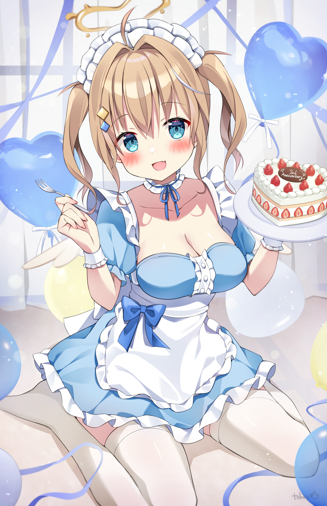 tobio illust, amane mihiro, indie virtual youtuber, commentary, commission, highres, skeb commission, 1girl, :d, apron, blue choker, blue dress, blue eyes, blush, breasts, brown hair, cake, choker, cleavage, cleavage cutout, clothing cutout, collarbone, dress, fang, food, fork, frilled apron, frilled choker, frilled dress, frills, full body, holding, holding fork, holding plate, large breasts, looking at viewer, maid headdress, medium hair, no shoes, open mouth, plate, ribbon choker, short sleeves, sitting, skin fang, smile, solo, strawberry cake, thighhighs, twintails, virtual youtuber, waist apron, white apron, white thighhighs