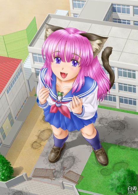 eichikei (hakuto), 1boy, 1girl, animal ears, cat ears, cat tail, fang, full body, giant, giantess, outdoors, plant, school uniform, serafuku, shoes, socks, standing, tail, tree