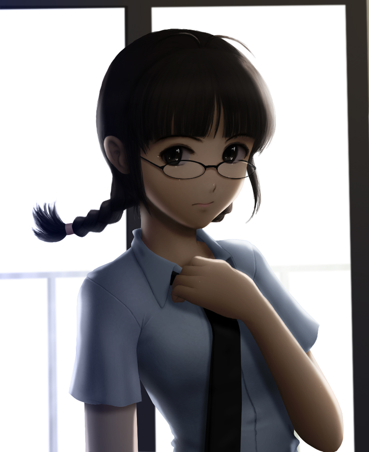 siraha, akizuki ritsuko, idolmaster, idolmaster (classic), idolmaster 1, bad id, bad pixiv id, 00s, 1girl, ahoge, black-framed eyewear, black eyes, black hair, blunt bangs, braid, closed mouth, collared shirt, dress shirt, female focus, glasses, long hair, looking at viewer, necktie, shirt, short sleeves, solo, twin braids, twintails, upper body, white shirt