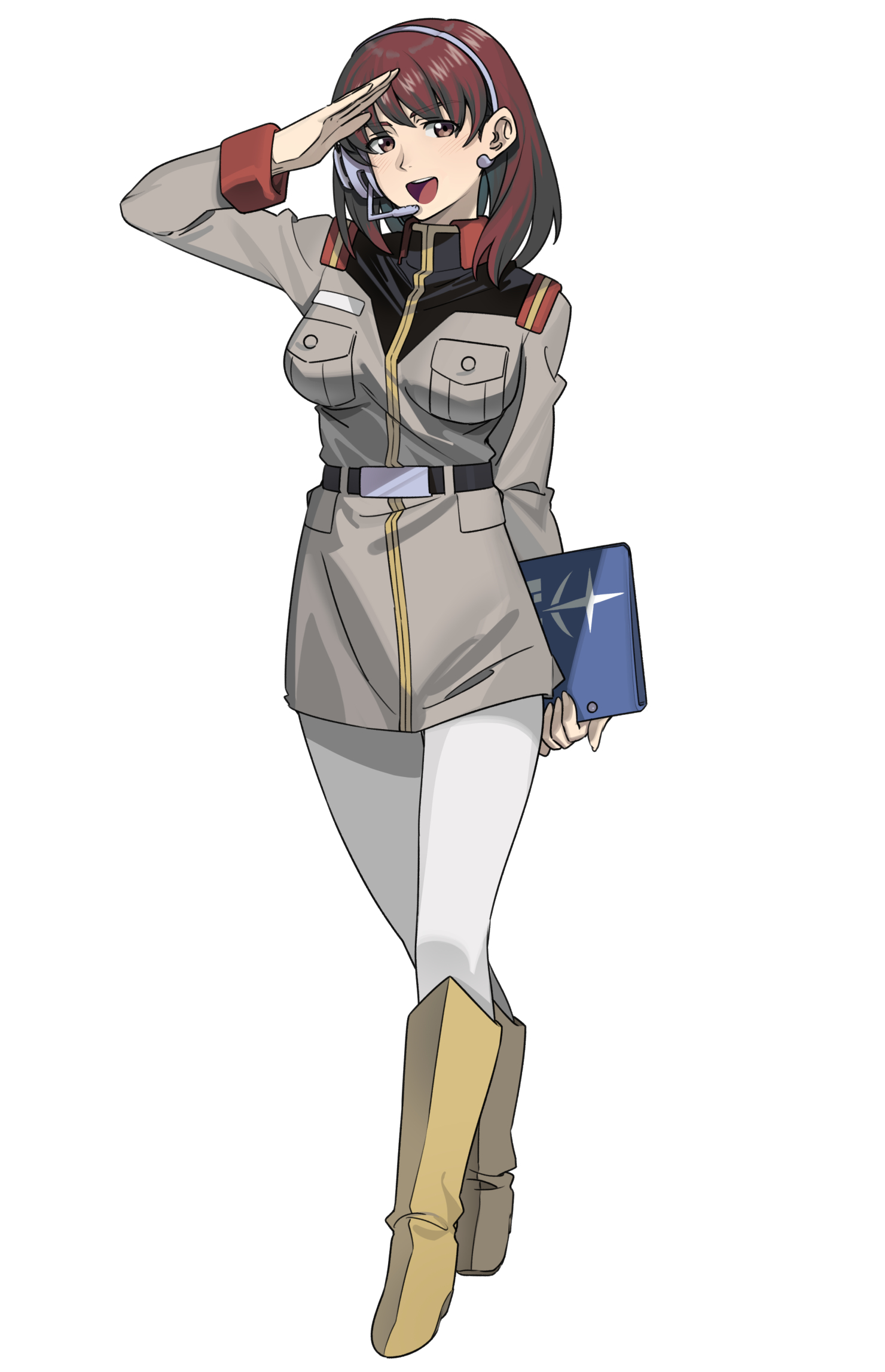 yamany, noel anderson, gundam, gundam lost war chronicles, highres, 1girl, belt, breasts, brown eyes, brown hair, earth federation, headset, jacket, large breasts, looking at viewer, military, military jacket, military uniform, open mouth, pantyhose, short hair, smile, solo, white pantyhose