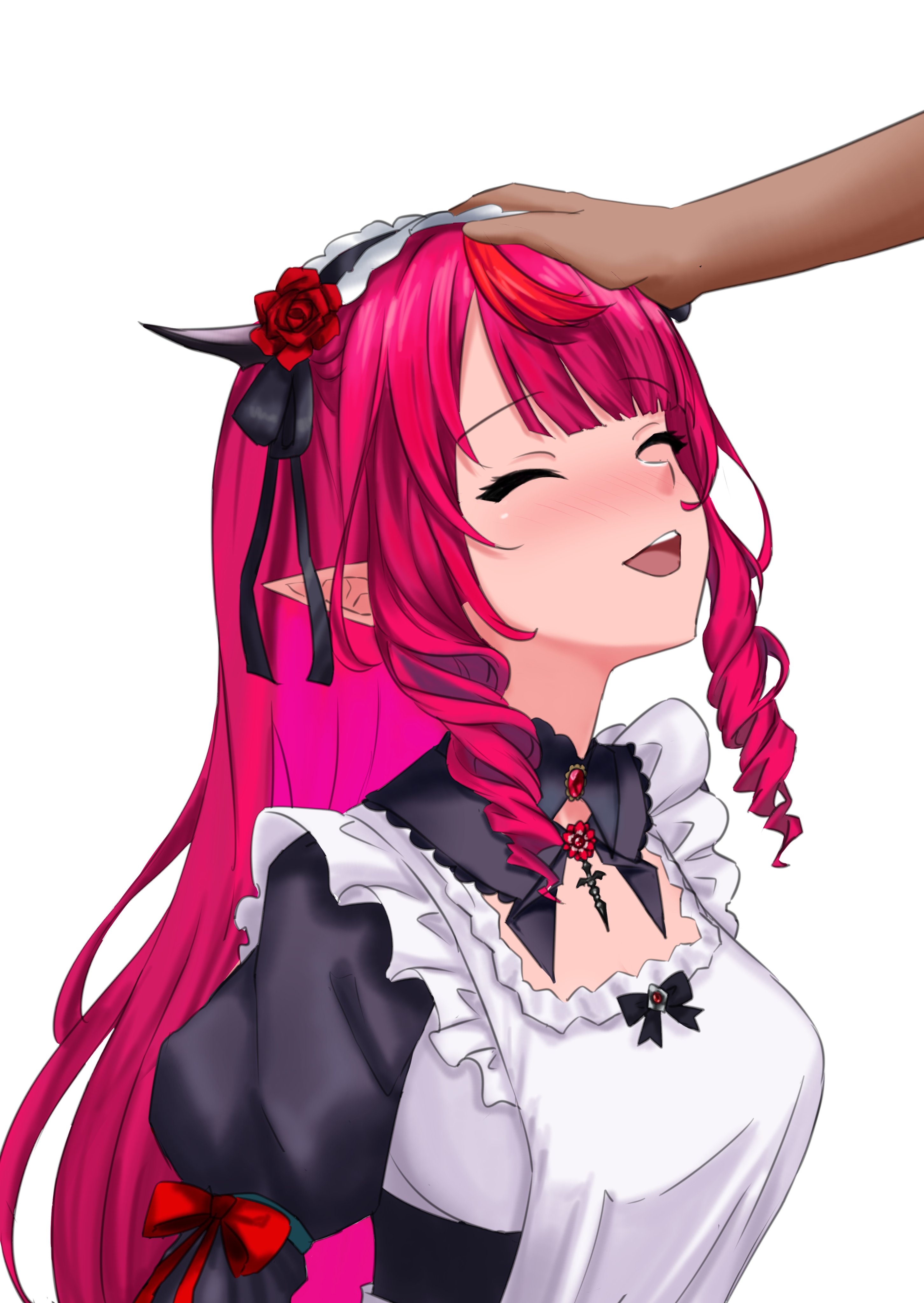 bijouvirus, irys (hololive), hololive, hololive english, absurdres, highres, 1girl, apron, closed eyes, frilled apron, frills, hand on another's head, headpat, horns, long hair, maid, maid apron, maid headdress, pointy ears, red hair, smile, virtual youtuber, white apron