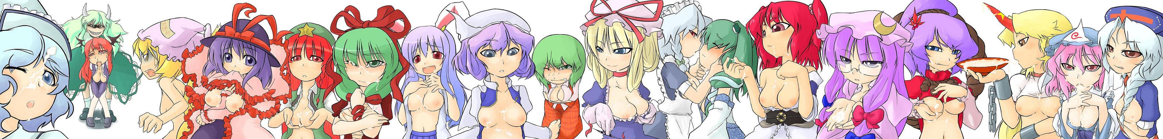 ogihara mach, ex-keine, hong meiling, hoshiguma yuugi, izayoi sakuya, kagiyama hina, kamishirasawa keine, kazami yuuka, koakuma, kochiya sanae, letty whiterock, merlin prismriver, nagae iku, onozuka komachi, patchouli knowledge, reisen udongein inaba, saigyouji yuyuko, yagokoro eirin, yakumo ran, yakumo yukari, yasaka kanako, touhou, silver hair, absurdres, duplicate, highres, long image, non-web source, wide image, 1futa, 6+girls, animal ears, blonde hair, blue eyes, blue hair, braid, breasts, breasts apart, breasts squeezed together, brown eyes, chain, cleavage, clothed sex, cum, cum in mouth, cum on body, cum on breasts, cum on eyewear, cum on hands, cum on upper body, cup, everyone, facial, futa with female, futanari, glasses, gokkun, green eyes, green hair, hat, horns, implied futanari, large breasts, long hair, multiple girls, nipples, nude, open clothes, open shirt, pink hair, purple eyes, purple hair, rabbit ears, red eyes, red hair, ribbon, sakazuki, sex, shirt, short hair, single horn, tears, twin braids