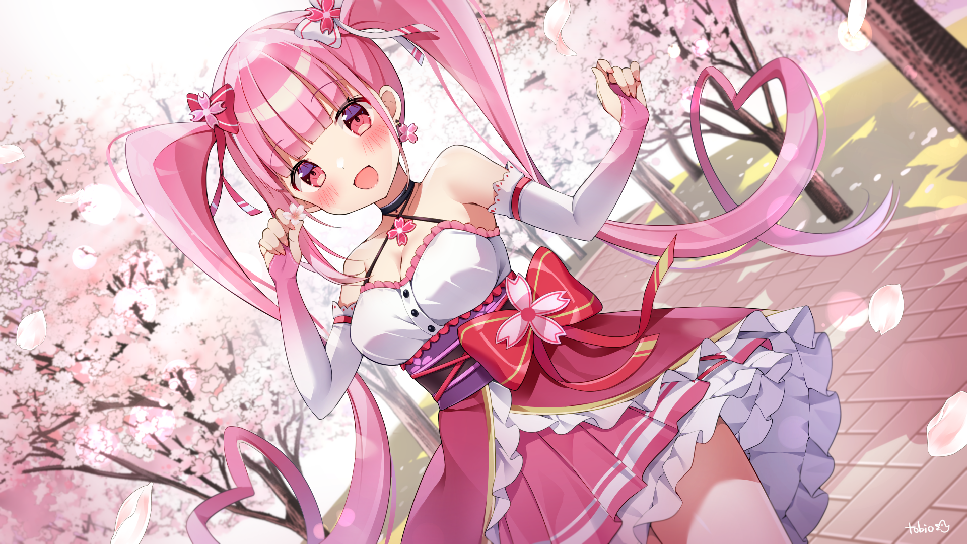 tobio illust, indie virtual youtuber, commentary request, highres, 1girl, :d, bare shoulders, blunt bangs, blush, breasts, cherry blossoms, cleavage, cowboy shot, day, dress, elbow gloves, fingerless gloves, frilled dress, frills, gloves, halter dress, halterneck, hands up, harusaki mio, large breasts, long hair, looking at viewer, open mouth, outdoors, pink dress, pink hair, red eyes, signature, smile, solo, twintails, virtual youtuber, white gloves