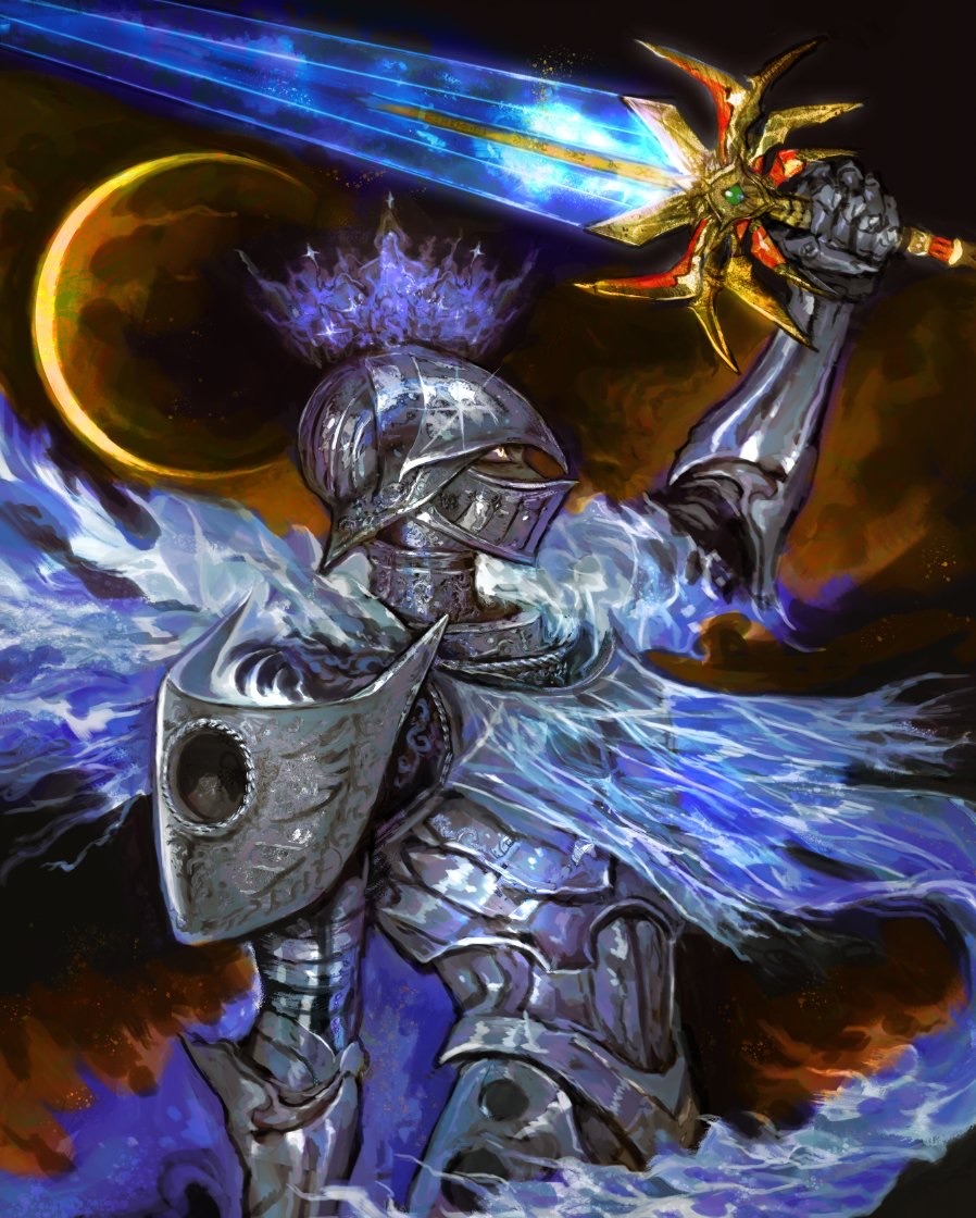 saprophilous, commentary, english commentary, official art, arm up, armor, blue crown, brown sky, crescent moon, crown, fire, from side, full armor, glowing, glowing sword, glowing weapon, holding, holding sword, holding weapon, knight, looking up, lunacid, moon, sparkle, sword, weapon