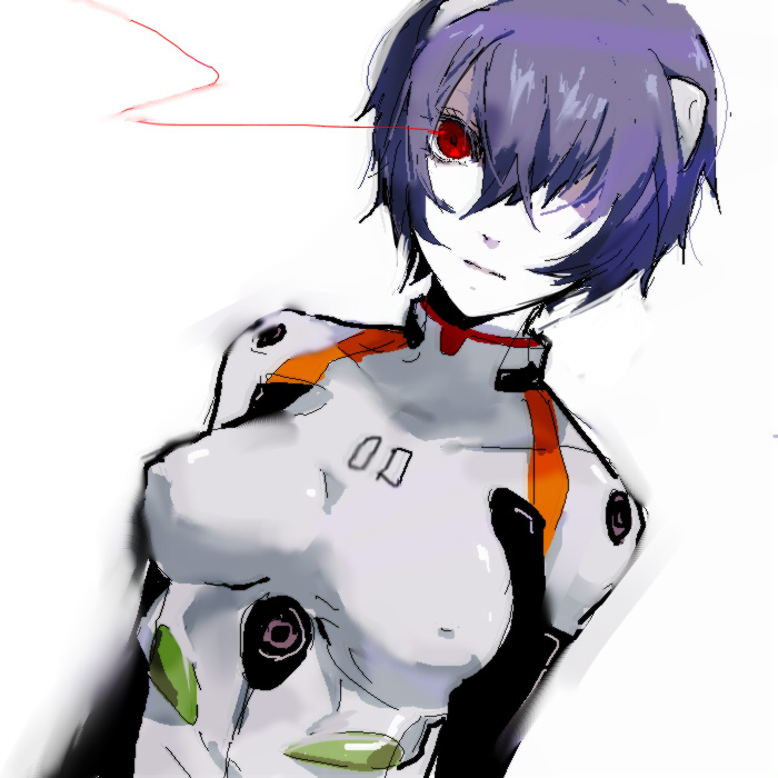 arisaka ako, ayanami rei, neon genesis evangelion, 1girl, blue hair, breasts, covered erect nipples, female focus, hair over one eye, mecha pilot suit, plugsuit (evangelion), red eyes, short hair, small breasts, solo