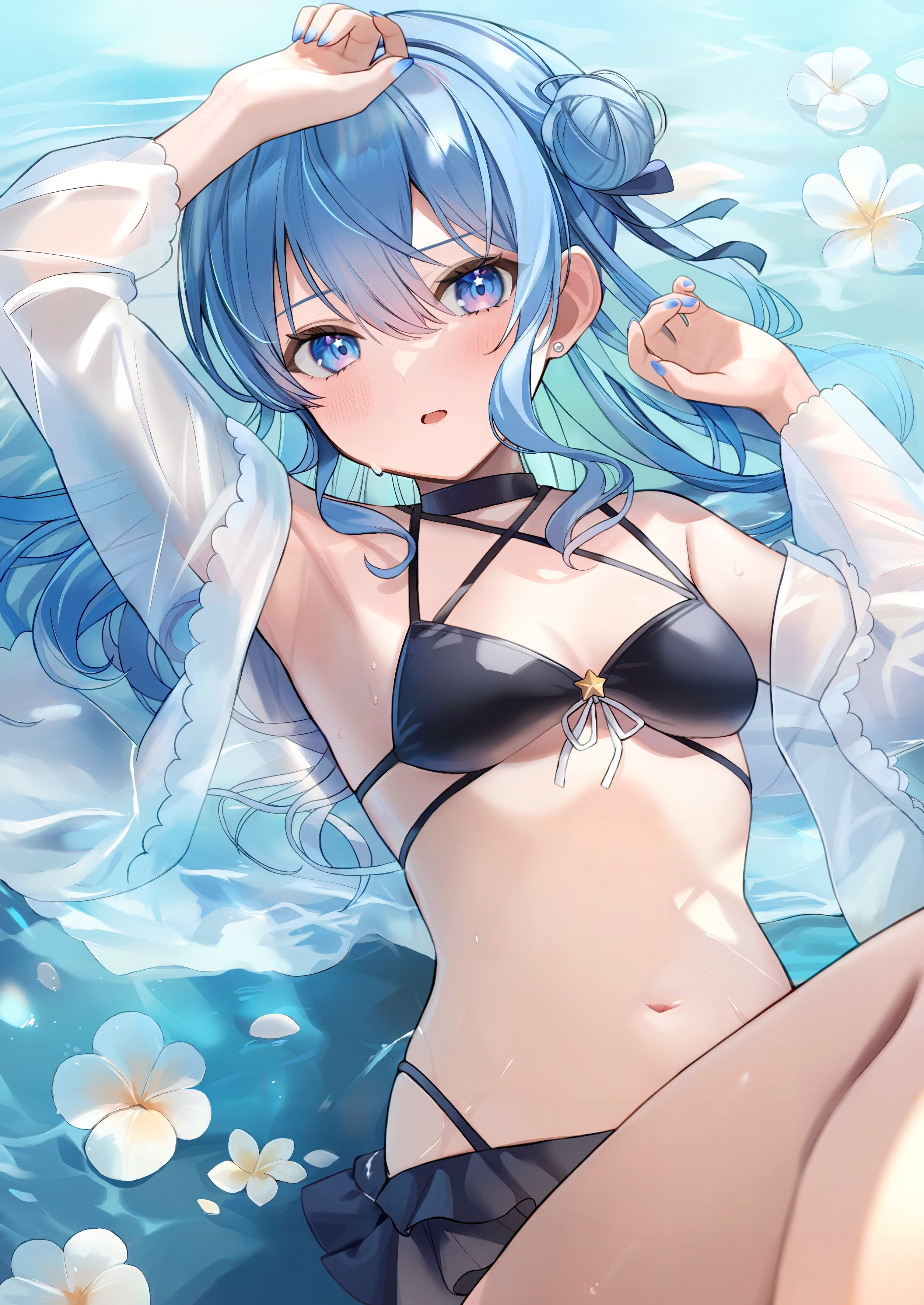 aria (ariacue), hoshimachi suisei, hololive, absurdres, commentary, highres, 1girl, arm up, armpits, bare shoulders, bikini, black bikini, black choker, blue eyes, blue hair, blue nails, breasts, choker, flower, front-tie bikini top, front-tie top, hair between eyes, hair bun, hair ribbon, hand up, jacket, long hair, long sleeves, lying, multi-strapped bikini top, nail polish, navel, on back, open clothes, open jacket, open mouth, parted lips, ribbon, see-through clothes, see-through jacket, sidelocks, single hair bun, single side bun, small breasts, solo, stomach, string bikini, swimsuit, virtual youtuber, water, wet, white flower, white jacket