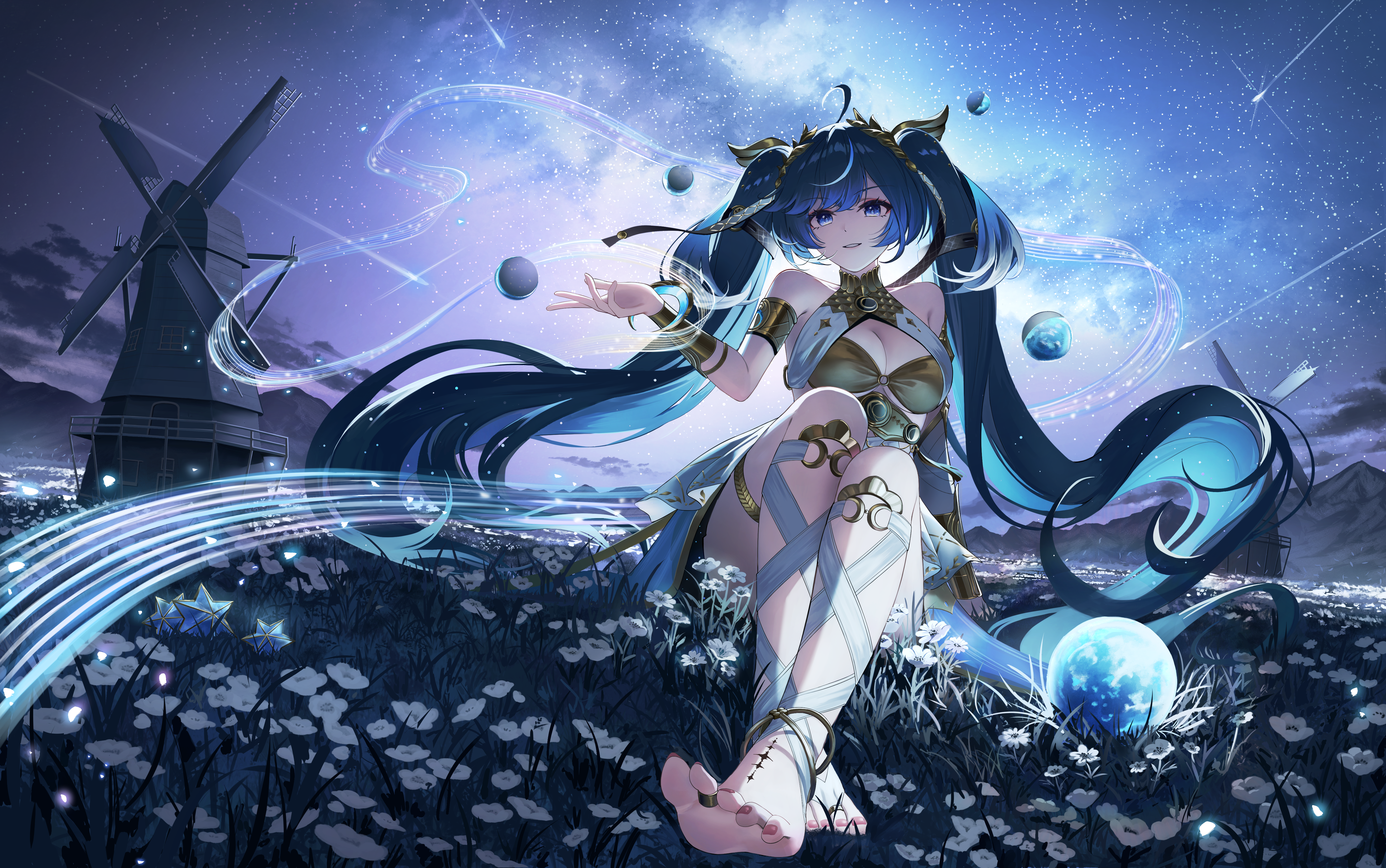 azipou, iuno (wuthering waves), wuthering waves, absurdres, commentary, highres, 1girl, ahoge, armlet, bare shoulders, barefoot, blue eyes, breasts, cleavage, feet, full body, gold bra, hair belt, jewelry, laurel crown, legs together, long hair, looking at viewer, medium breasts, multicolored hair, nebula, orb, outdoors, parted lips, sitting, sky, smile, solo, star (sky), starry sky, streaked hair, tacet mark (wuthering waves), thighlet, toenails, toes, twintails, vambraces, very long hair