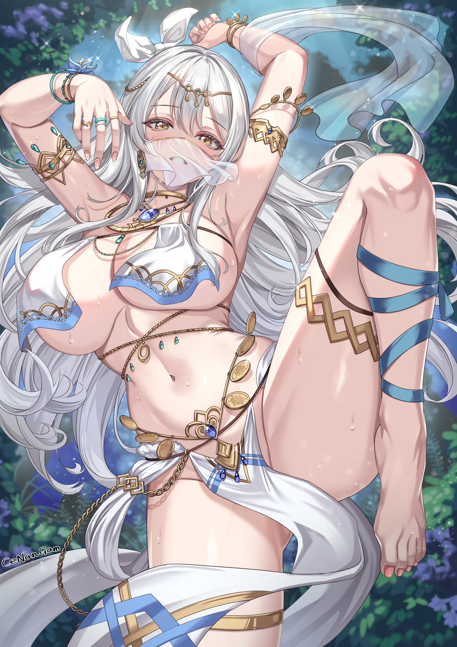 cenangam, original, commentary, commission, highres, 1girl, armlet, armpits, arms up, artist name, bare shoulders, barefoot, blush, breasts, choker, dancer, feet, jewelry, large breasts, long hair, looking at viewer, navel, parted lips, pelvic curtain, ring, smile, solo, stomach, teeth, thighlet, thighs, toes, white hair, yellow eyes