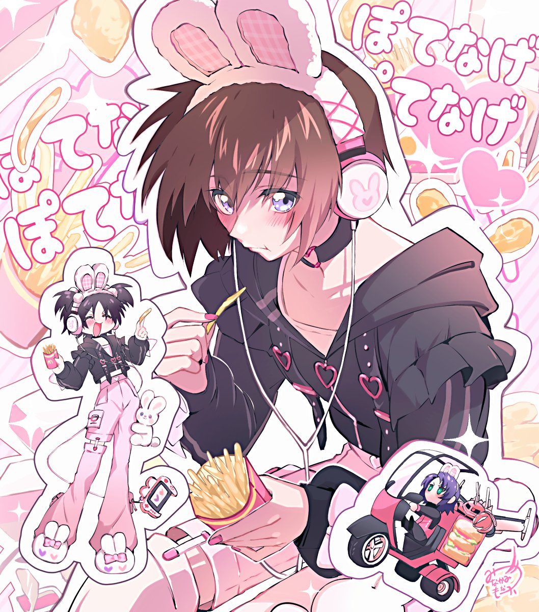 minakami monaka, sakamoto (uuu a60006 a3), athrun zala, hoshi souichirou, kira yamato, shinn asuka, z'gok (seed), gundam, gundam seed, gundam seed freedom, mcdonald's, commentary, highres, symbol-only commentary, animal ears, animal slippers, artist name, black hair, blue eyes, blue hair, brown hair, choker, claws, doll, eating, fake animal ears, fast food, food, french fries, green eyes, heart, holding, holding food, hood, jacket, long sleeves, looking at viewer, male focus, mecha, mobile suit, motor vehicle, motorcycle, multicolored hair, non-humanoid robot, one-eyed, open mouth, pants, pink pants, purple eyes, rabbit ears, red eyes, robot, short hair, slippers, smile, stuffed toy, twitter username, voice actor connection, watermark, wings