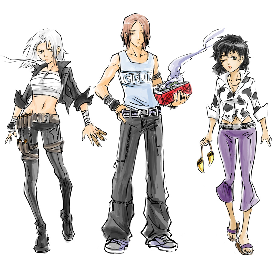 azusa (hws), bianchi, gokudera hayato, lambo, katekyo hitman reborn!, 00s, 1boy, 2girls, cigarette, genderswap, genderswap (ftm), genderswap (mtf), multiple girls, smoking