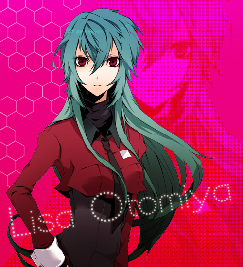 arisaka ako, tagme, blue hair, long hair, necktie, red eyes, solo, turtleneck