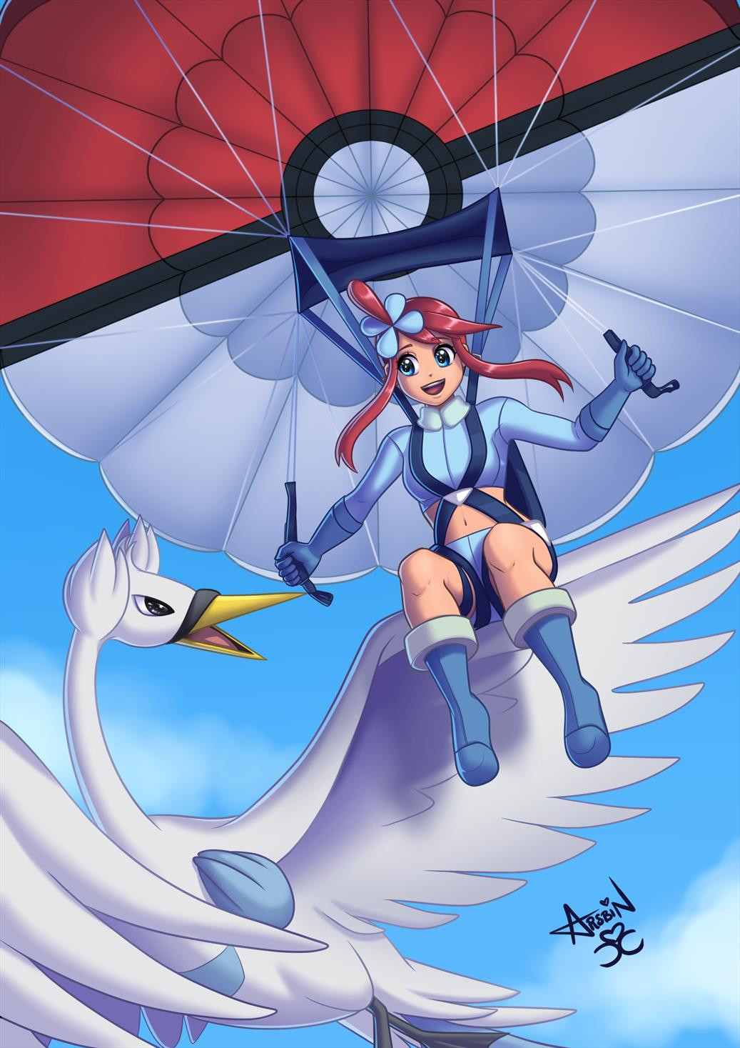skyla (pokemon), swanna, nintendo, pokemon, pokemon bw, arabin, beak, bird, blue eyes, boots, breasts, gen 5 pokemon, gloves, large breasts, long hair, long sleeves, poke ball print, red hair, shorts, wings
