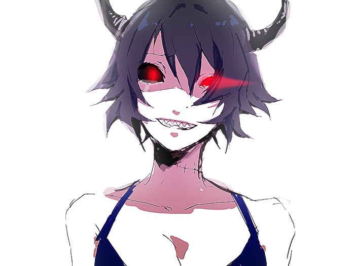 arisaka ako, 1girl, blue hair, demon girl, female focus, glowing, glowing eyes, grin, horns, red eyes, sharp teeth, short hair, smile, solo, tears, teeth