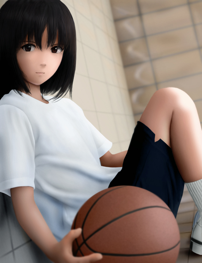 siraha, original, 1girl, ball, basketball, basketball (object), blunt bangs, female focus, gym uniform, kneehighs, looking at viewer, realistic, shirt, short hair, shorts, sitting, socks, solo, sportswear, white shirt, white socks