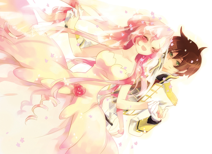 hajida, euphemia li britannia, kururugi suzaku, code geass, bad id, bad pixiv id, 00s, 1boy, 1girl, bride, closed eyes, couple, dress, happy, hetero, long hair, pink hair, smile, wedding dress