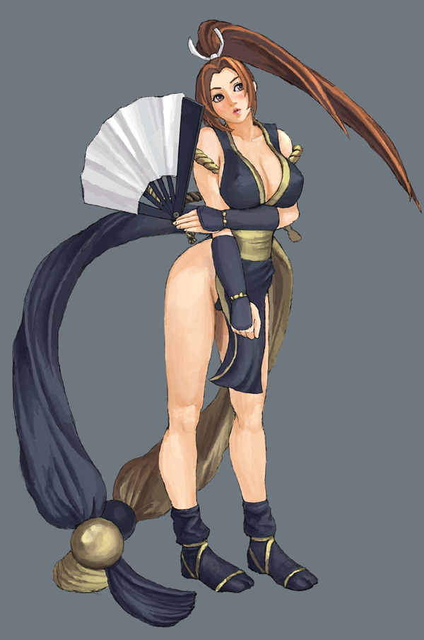 iwanai tomoeju, iwauchi tomoki, shiranui mai, fatal fury, snk, the king of fighters, bad id, bad pixiv id, 1girl, blush, breasts, brown hair, cleavage, female focus, folding fan, hand fan, japanese clothes, large breasts, legs, long hair, pelvic curtain, ponytail, solo