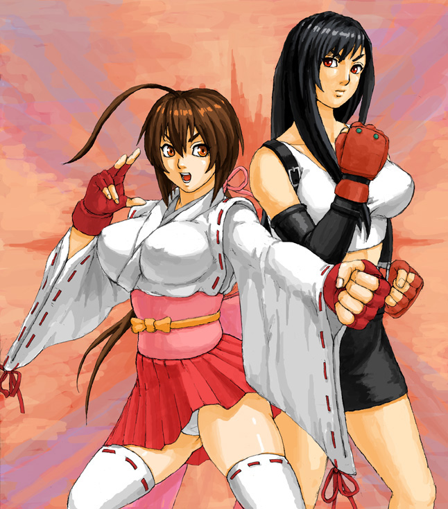 iwanai tomoeju, iwauchi tomoki, musubi, tifa lockhart, final fantasy, final fantasy vii, sekirei, bad id, bad pixiv id, 00s, 1990s (style), 2girls, ahoge, black hair, breasts, brown hair, covered erect nipples, crossover, fighting stance, fingerless gloves, gloves, large breasts, long hair, multiple girls, panties, pantyshot, red eyes, thighhighs, underwear, white panties