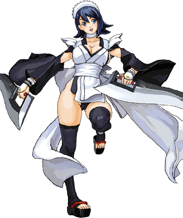 iwanai tomoeju, iwauchi tomoki, iroha (samurai spirits), samurai spirits, bad id, bad pixiv id, 1girl, blue eyes, blue hair, blush, breasts, detached sleeves, female focus, flipped hair, japanese clothes, large breasts, maid headdress, matching hair/eyes, short hair, solo, sword, thighhighs, weapon