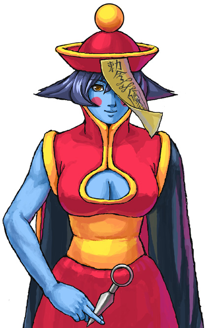 iwanai tomoeju, iwauchi tomoki, hsien-ko, capcom, darkstalkers, bad id, bad pixiv id, 1girl, blue hair, blue skin, breasts, cleavage, cleavage cutout, clothing cutout, colored skin, female focus, flipped hair, hat, jiangshi, kunai, qingdai guanmao, short hair, smile, solo, weapon