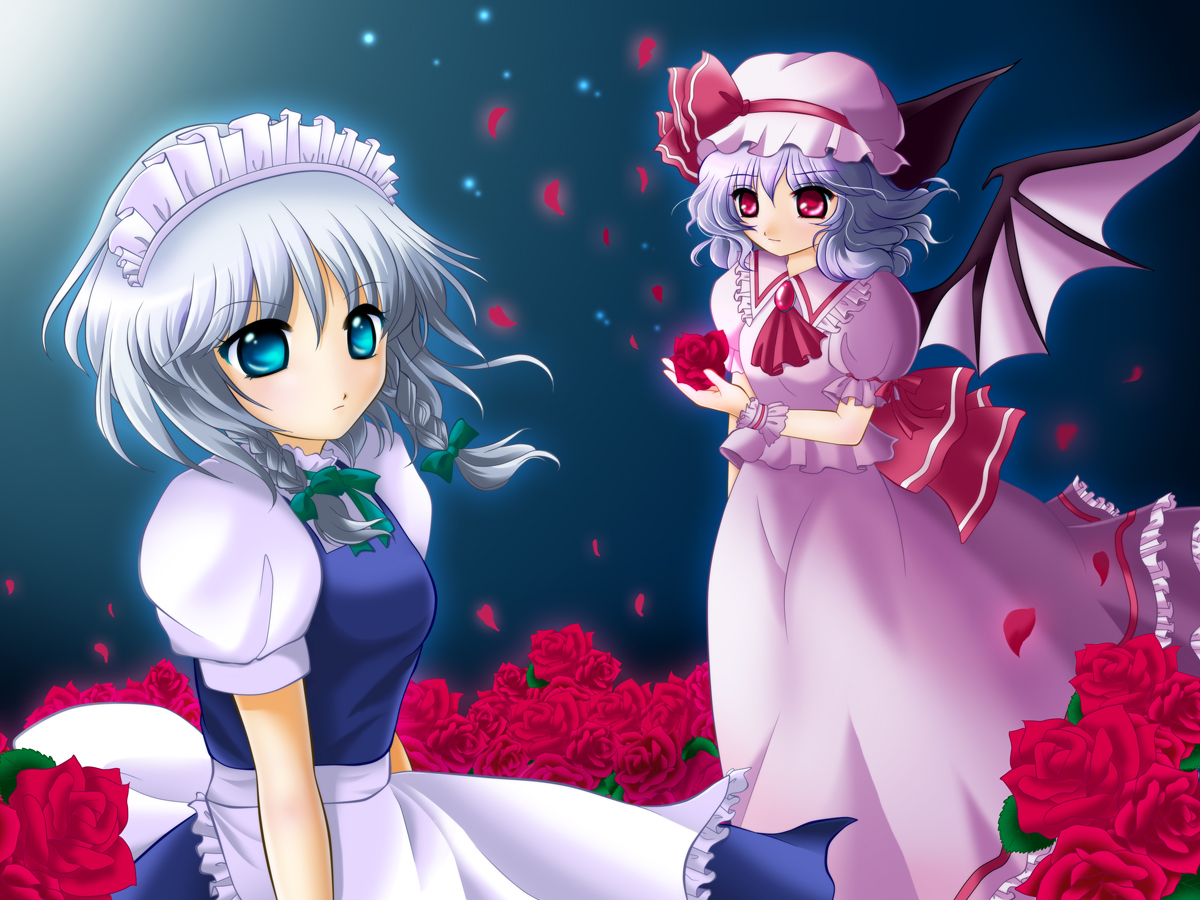 ferre, izayoi sakuya, remilia scarlet, touhou, silver hair, 2girls, blue eyes, blue hair, blush, female focus, flower, gradient background, hat, maid, multiple girls, night, plant, red eyes, ribbon, rose, short hair, wings