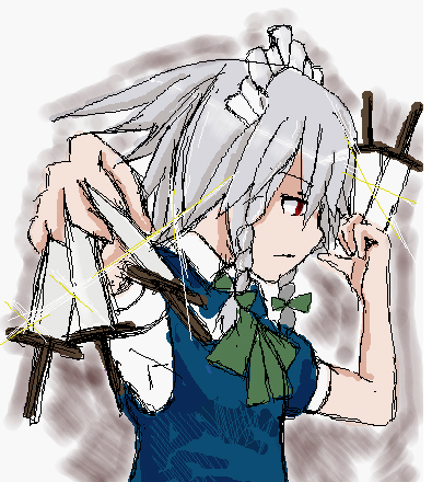 izayoi sakuya, embodiment of scarlet devil, touhou, silver hair, lowres, 1girl, between fingers, blush, female focus, holding, knife, maid, oekaki, red eyes, ribbon, short hair, solo, throwing knife, weapon