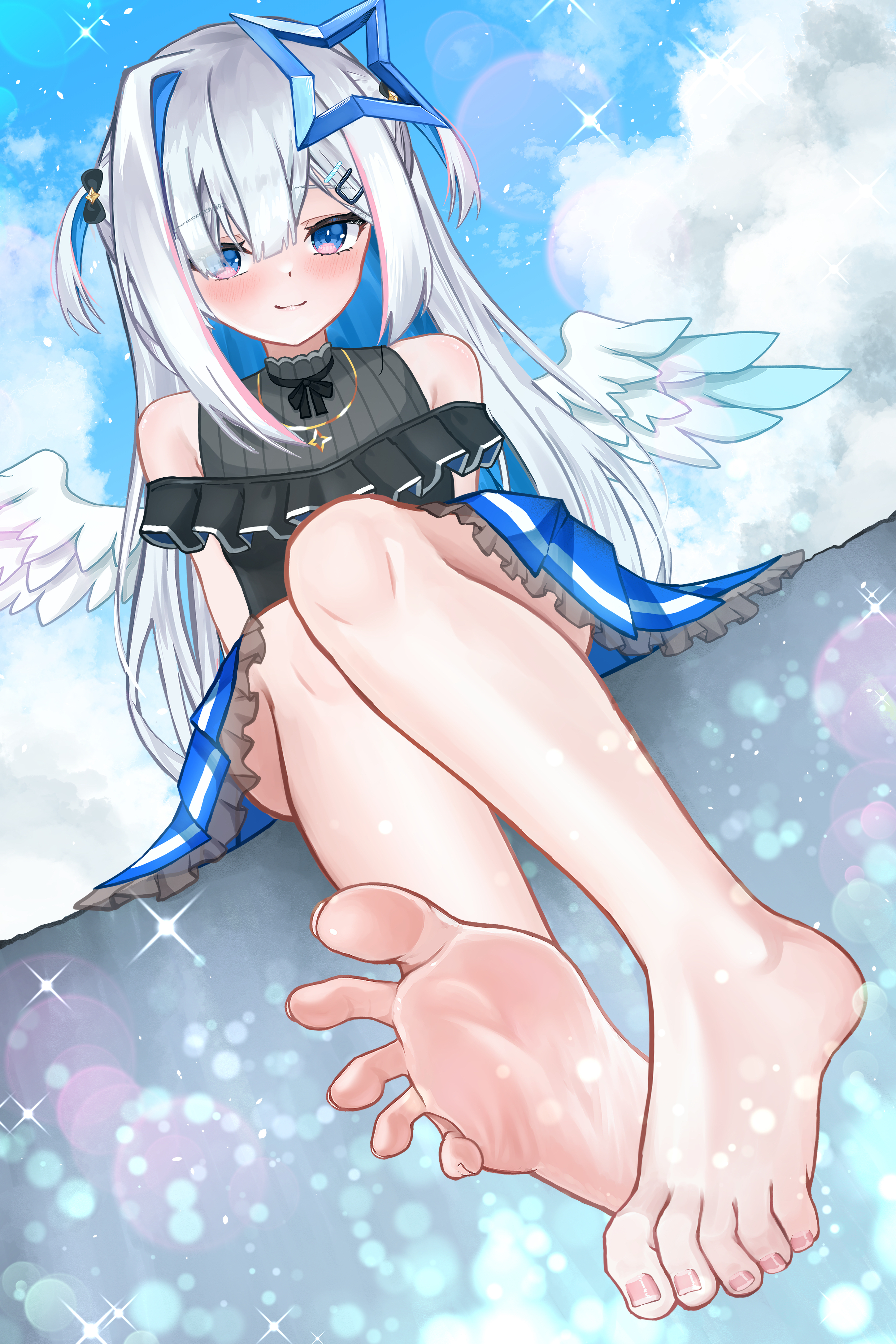 chrochlomyl, amane kanata, hololive, absurdres, highres, 1girl, barefoot, blue eyes, blush, feet, long hair, looking at viewer, multicolored hair, smile, soles, streaked hair, toes, white hair, wings
