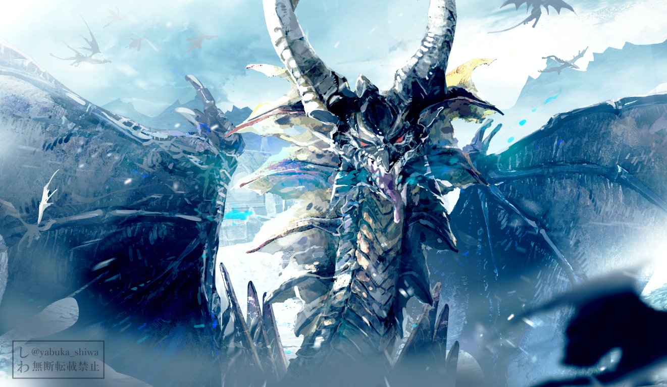 yabuka shiwa, final fantasy, final fantasy xiv, blizzard, blue sky, horns, looking at viewer, mountainous horizon, no humans, scales, sky, spread wings, tongue, tongue out, watermark