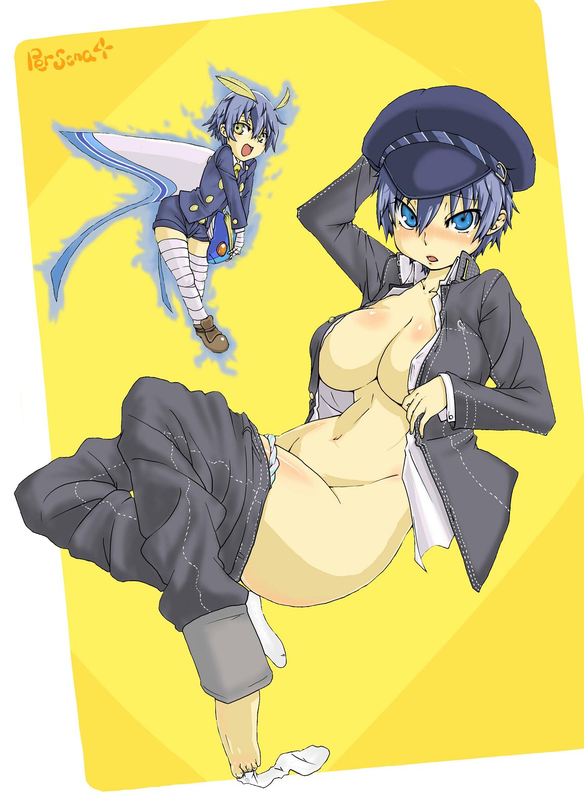 senbei (avocadochaya), shirogane naoto, sukuna hikona, atlus, persona, persona 4, bad id, bad pixiv id, highres, jpeg artifacts, 1girl, androgynous, bandages, blazer, blue eyes, blue hair, blush, breasts, cosplay, dual persona, hat, jacket, large breasts, newsboy cap, open clothes, open shirt, panties, pants, panty pull, reverse trap, school uniform, shirt, short hair, shorts, socks, sukuna hikona (cosplay), underwear, undressing, yellow eyes