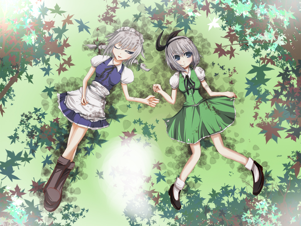 kuze kokonose, izayoi sakuya, konpaku youmu, konpaku youmu (ghost), touhou, bad id, bad pixiv id, 2girls, autumn, bad anatomy, bad proportions, blue eyes, female focus, maid, multiple girls, poorly drawn, quality, ribbon, short hair, white hair