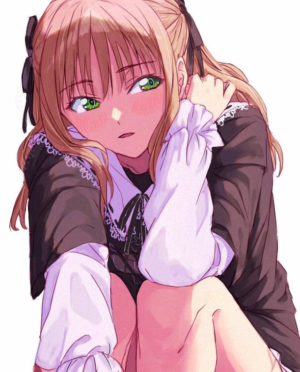 risyo, minami yume, gridman universe, gridman universe (movie), 1girl, black dress, blush, brown hair, dress, frilled dress, frills, green eyes, long hair, long sleeves, official alternate costume, open mouth, simple background, smile, solo, white background