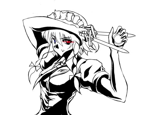 neues, izayoi sakuya, embodiment of scarlet devil, touhou, 1girl, between fingers, female focus, greyscale, holding, knife, maid, monochrome, red eyes, ribbon, short hair, simple background, solo, throwing knife, weapon, white background