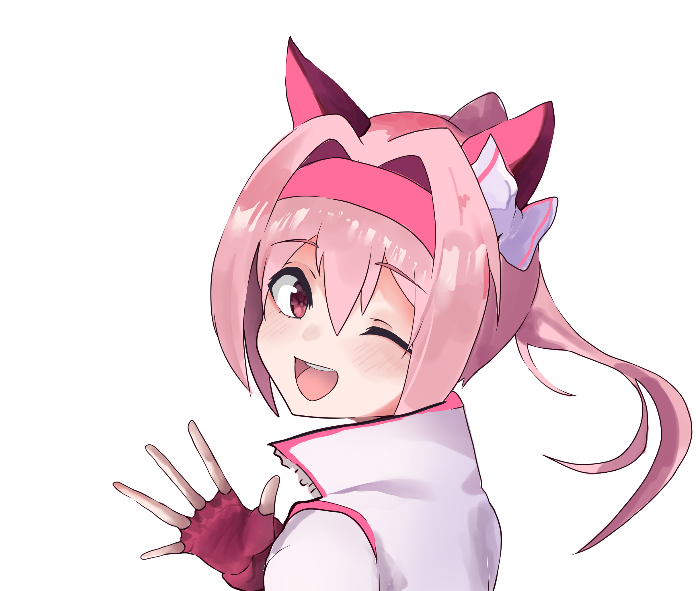 haru urara (bestest prize) (umamusume), haru urara (umamusume), umamusume, highres, 1girl, animal ears, blush, bow, ear bow, ear covers, flower-shaped pupils, flower in eye, hairband, headband, horse ears, horse girl, jacket, open mouth, pink eyes, pink hair, pink headband, ponytail, red headband, rumina runa, smile, solo, symbol-shaped pupils, symbol in eye