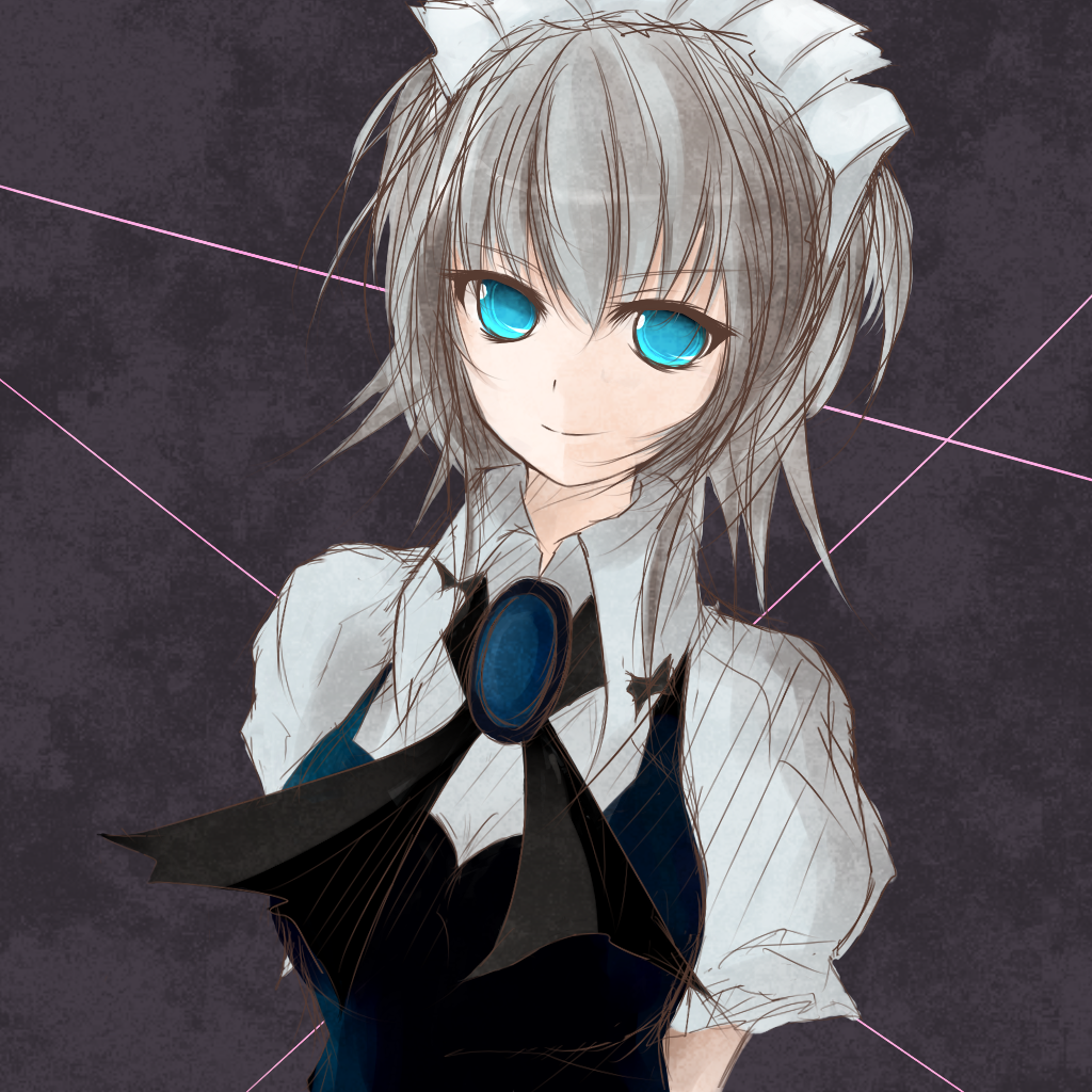 shin-ichi, izayoi sakuya, touhou, silver hair, bad id, bad pixiv id, 1girl, blue eyes, blush, female focus, maid, ribbon, short hair, solo, upper body