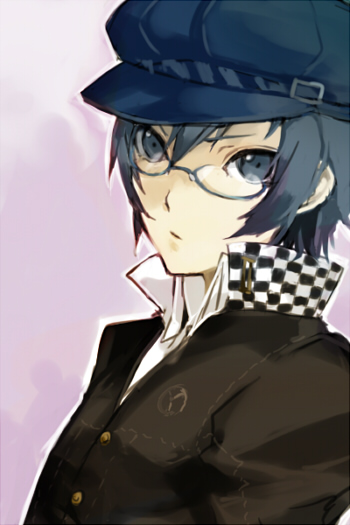 arisaka ako, shirogane naoto, atlus, persona, persona 4, bad id, bad pixiv id, 1girl, androgynous, blue eyes, blue hair, female focus, glasses, hat, newsboy cap, reverse trap, short hair, solo