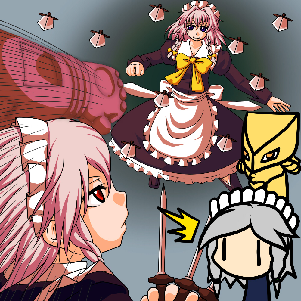 tsumidango, izayoi sakuya, the world, m.u.g.e.n, touhou, touhou hisoutensoku, walfas, silver hair, bad id, bad pixiv id, 3girls, between fingers, blue eyes, blush, female focus, holding, knife, maid, multiple girls, multiple persona, red eyes, ribbon, short hair, throwing knife, weapon