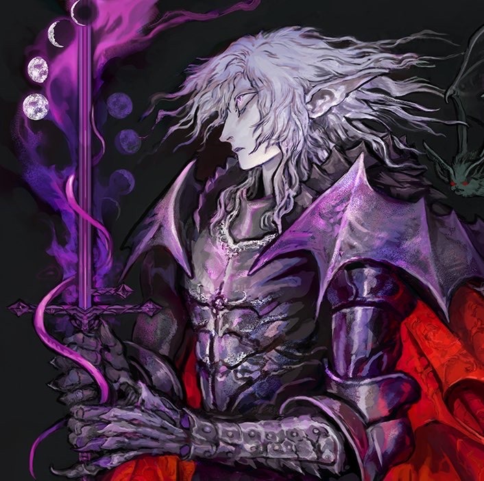 saprophilous, commentary, english commentary, official art, 1other, armor, bat (animal), black armor, black background, cloak, closed mouth, from side, full armor, glowing, glowing sword, glowing weapon, holding, holding sword, holding weapon, looking up, lunacid, medium hair, moon phases, nose, pale skin, pointy ears, red cloak, sword, upper body, wavy hair, weapon, white hair