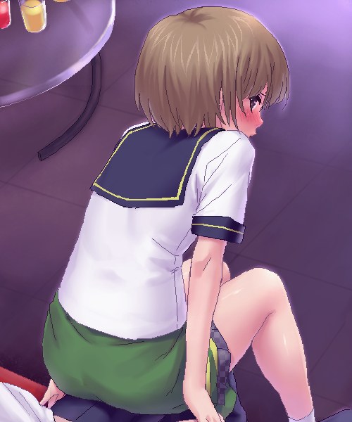 zen, satonaka chie, atlus, persona, persona 4, 1boy, 1girl, ass, blush, brown hair, embarrassed, female focus, nervous, school uniform, serafuku, short hair, sitting, sitting on person, solo
