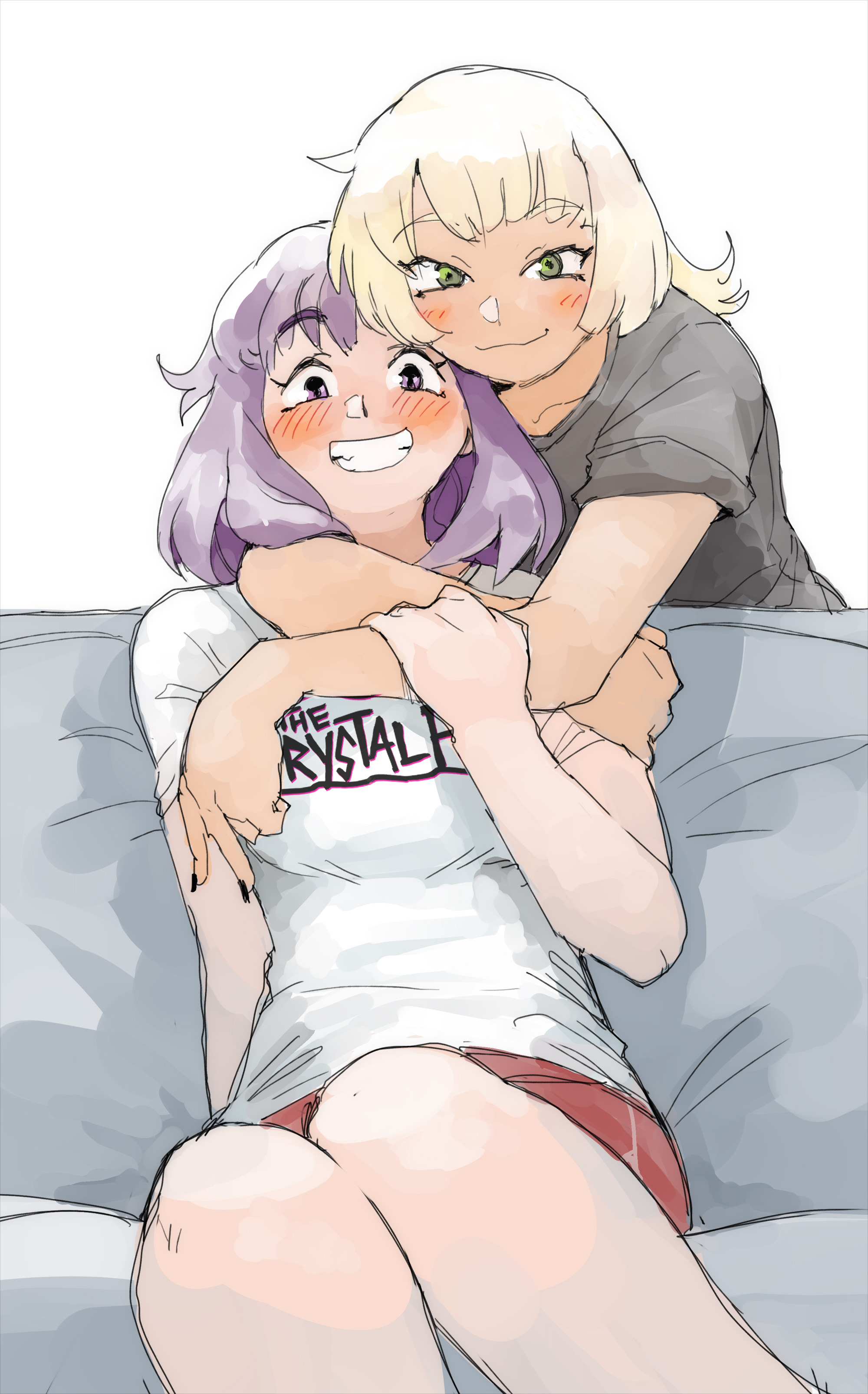 galaxyspark, hazel eyes, absurdres, commentary, english commentary, highres, second-party source, 2girls, arms around neck, black shirt, blonde hair, blush, clenched teeth, closed mouth, clothes writing, collarbone, couch, grin, hand on another's arm, hug, hug from behind, looking ahead, magica riot, medium hair, multiple girls, purple eyes, purple hair, red shorts, shirt, short hair, short sleeves, shorts, simple background, sitting, smile, teeth, white background, white shirt, yuri