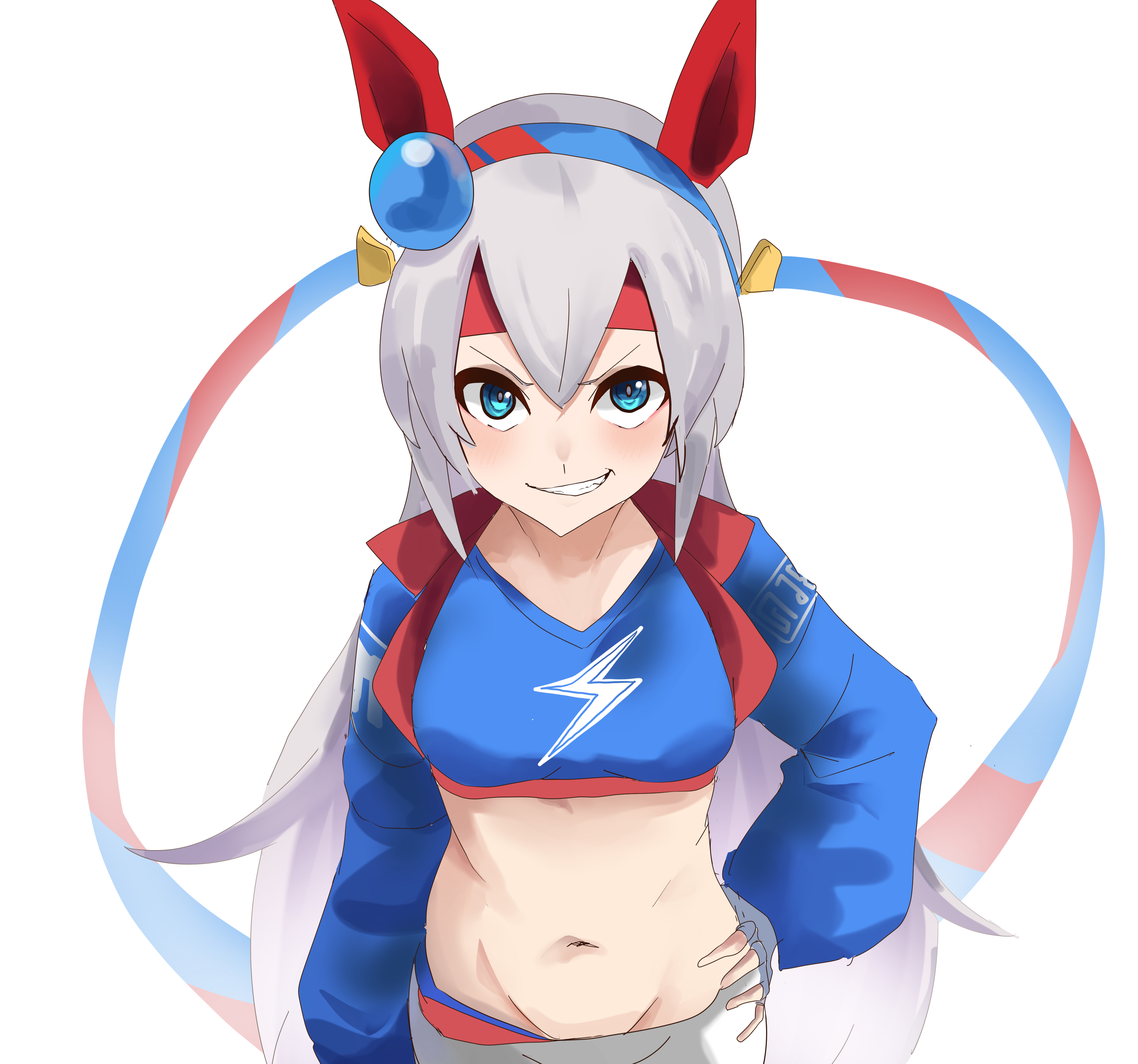tamamo cross (umamusume), tamamo cross (with lightning speed) (umamusume), umamusume, absurdres, highres, 1girl, animal ears, blue eyes, blue hairband, blush, ear covers, ear ornament, fang, grey hair, hair between eyes, hairband, headband, horse ears, horse girl, jacket, long hair, long sleeves, red headband, rumina runa, shirt, smile, striped clothes, striped hairband, very long hair
