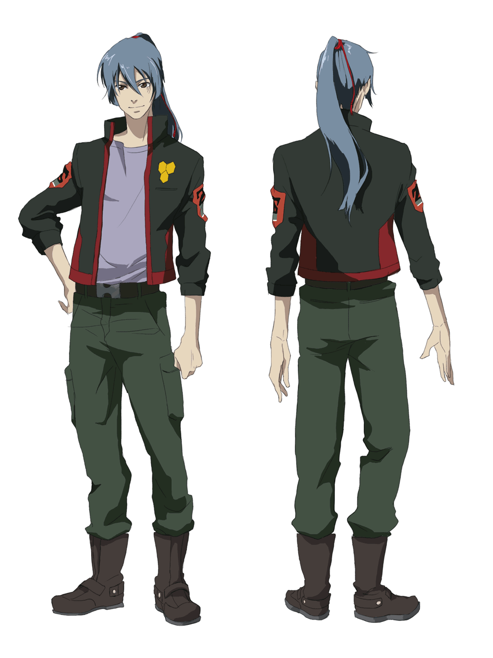 ikasumi, saotome alto, macross, macross frontier, bad id, bad pixiv id, highres, 00s, 1boy, belt, blue hair, boots, brown eyes, cargo pants, full body, jacket, male focus, pants, pants tucked in, ponytail, simple background, solo